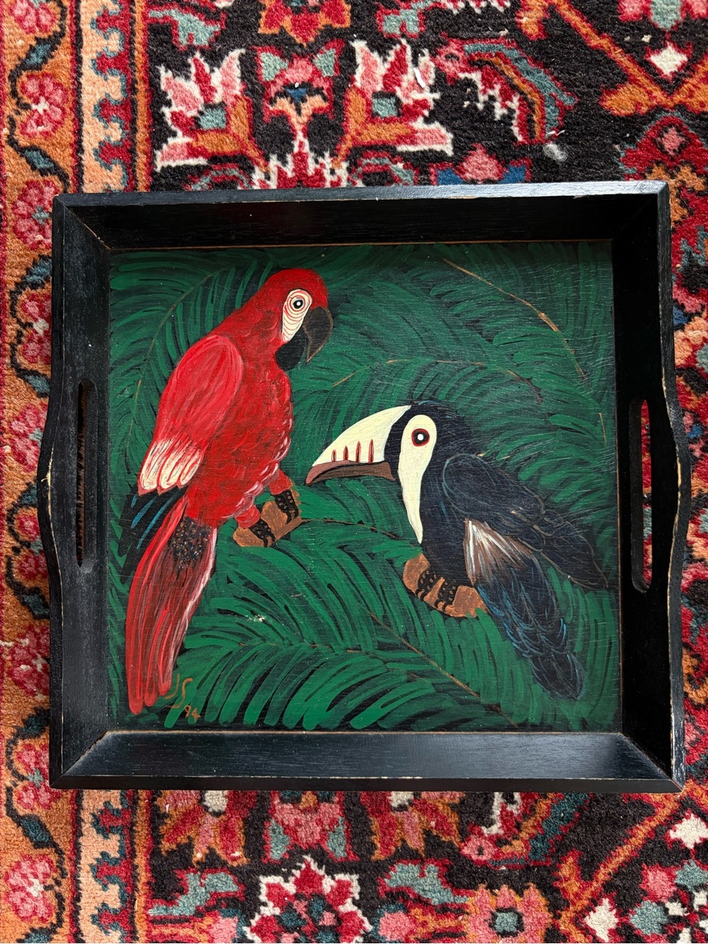 Vintage Hand-Painted Tropical Bird Decorative Tray - Red & Black